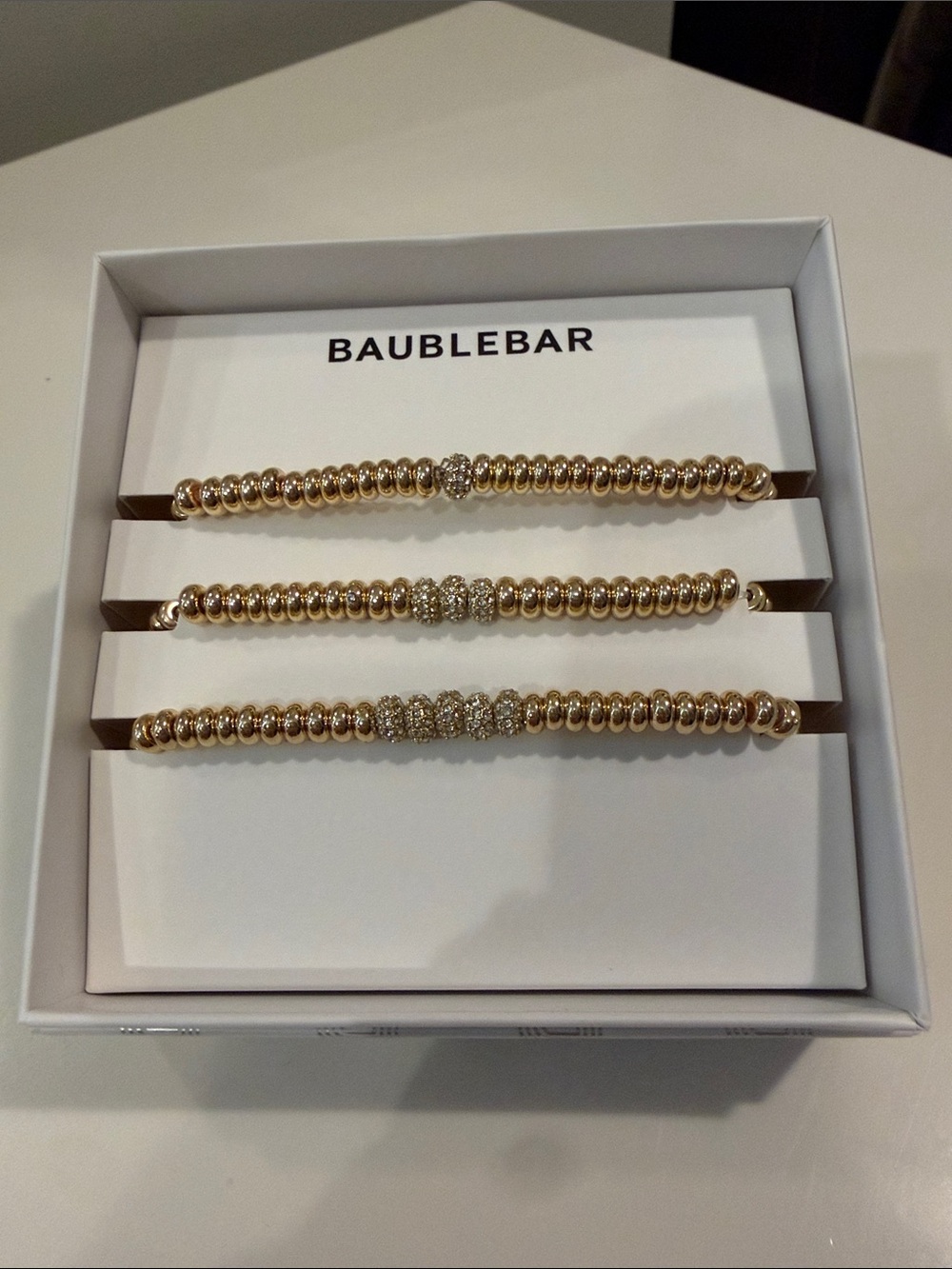 BaubleBar Gold Beaded Stretch Bracelet Set with Pave Accent